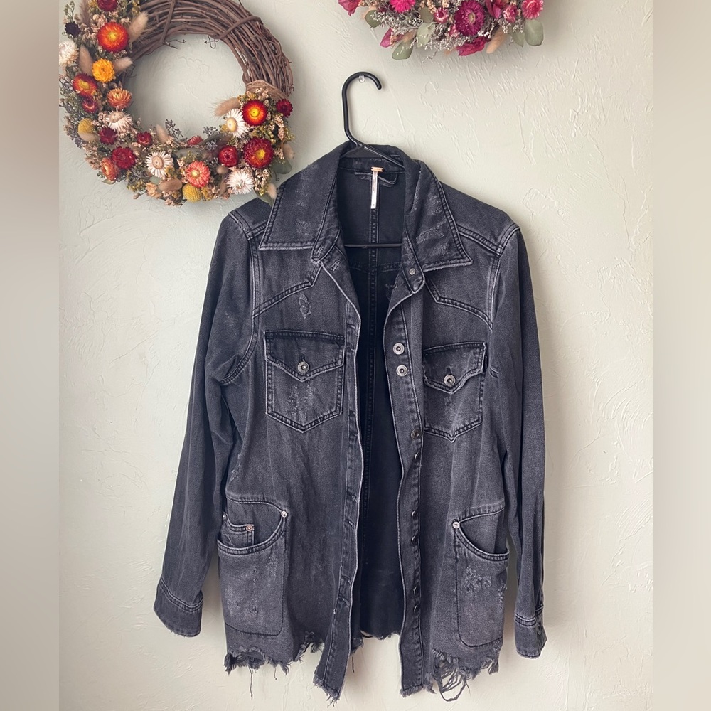 Free People Black Moonchild Denim Jacket Shirt - oversized and distressed